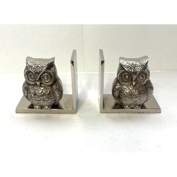 Silver Metal Owl Bookends Library Shelf Decor 4.75" Wide Base Elegant Design - Picture 2 of 7